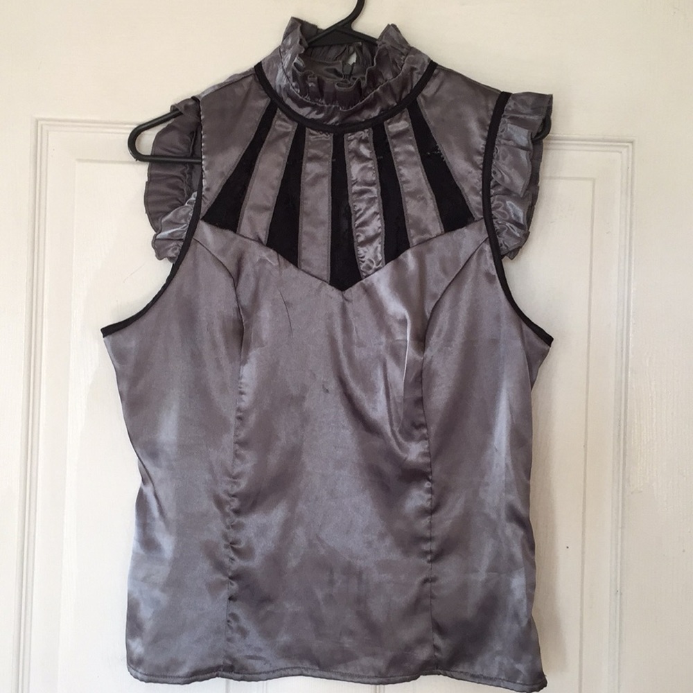 Gray satin top with black lace